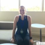 Kelsey after the marathon in our room at the Hyatt