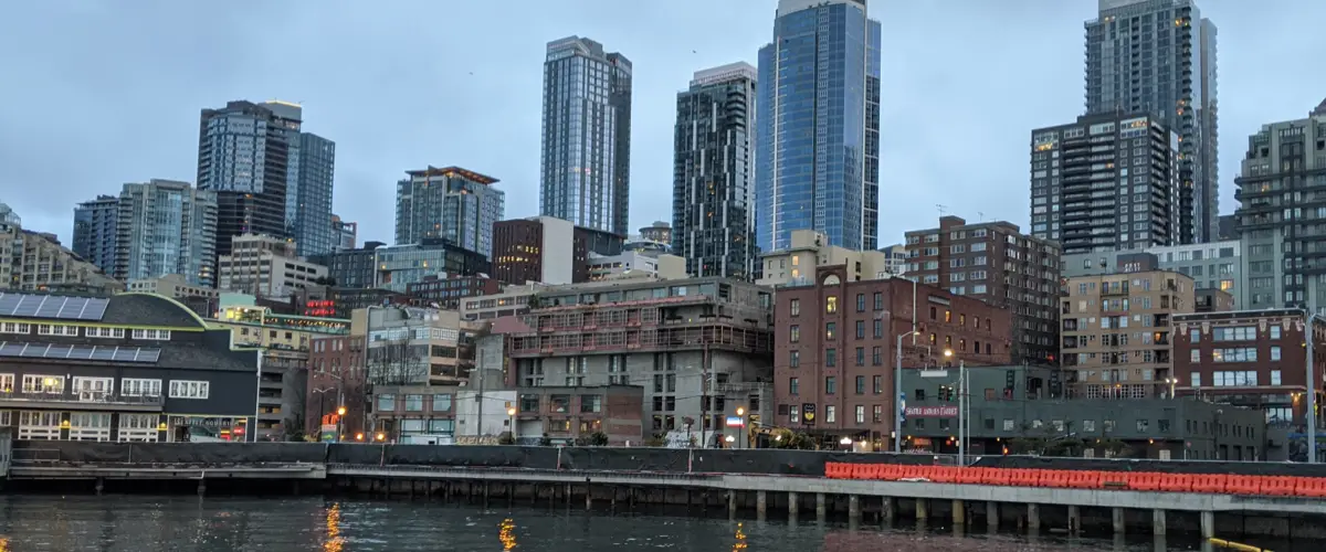 Seattle skyline along the harbor in the early morning